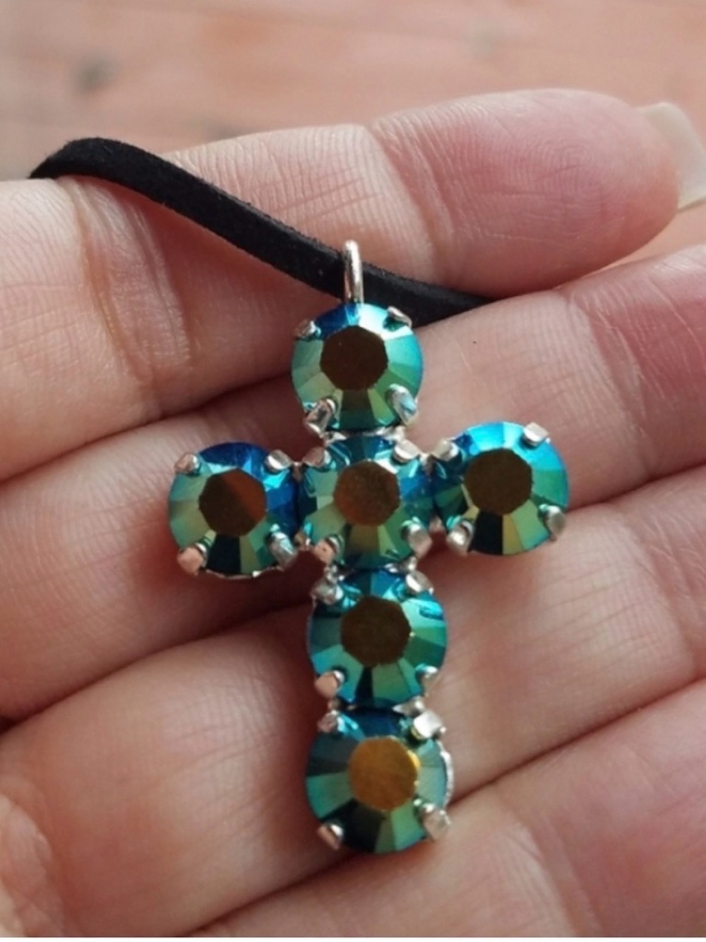 Swarovski Elements Iridescent Green Symbolic Cross Necklace on Black Suede NEW